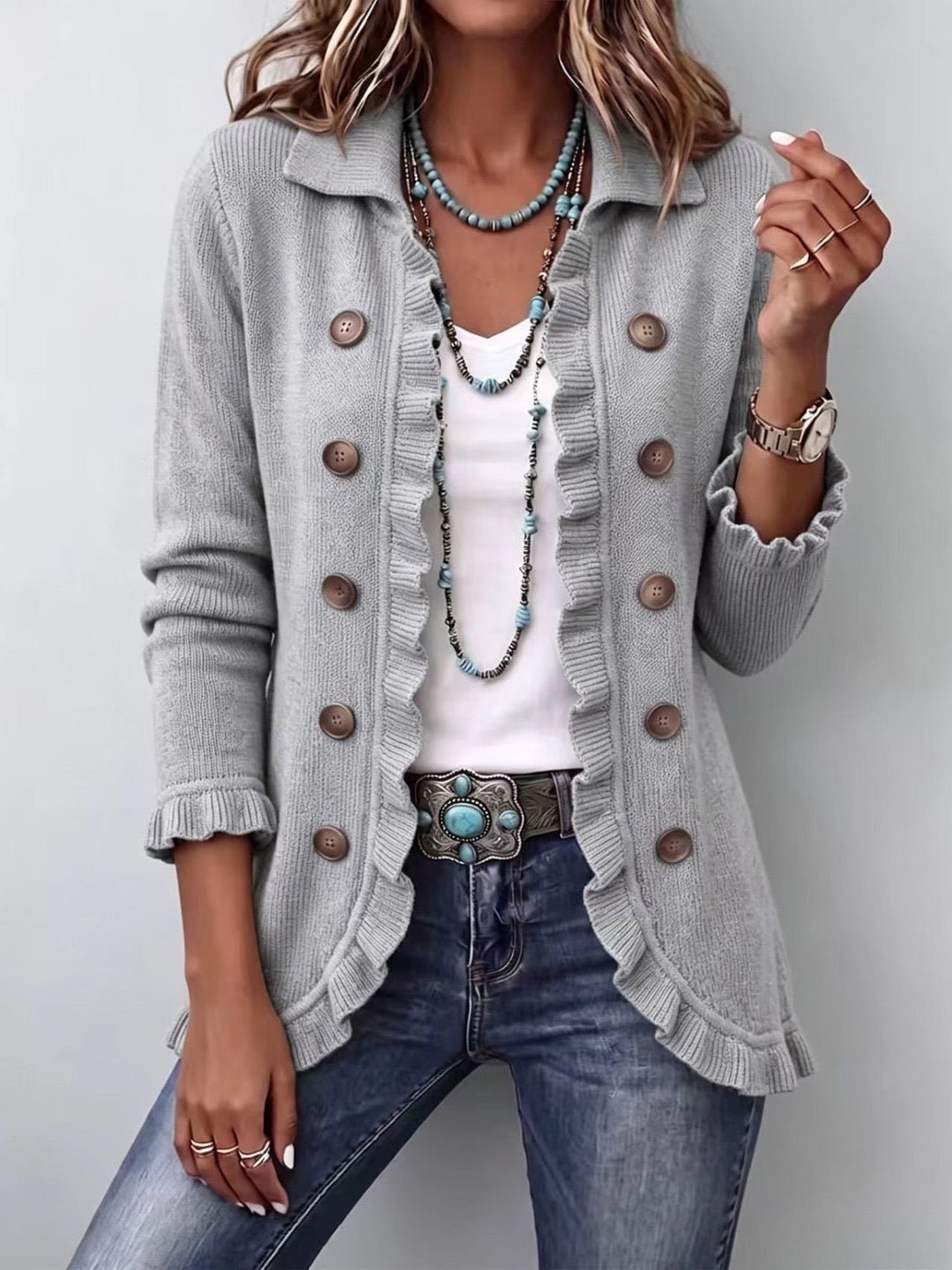 Grau melierte Strickjacke mit Volants – Produktbild