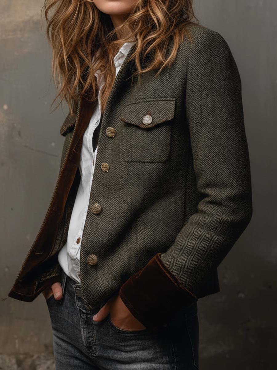 Fischgrät-Blazer mit Kontrastpaspeln