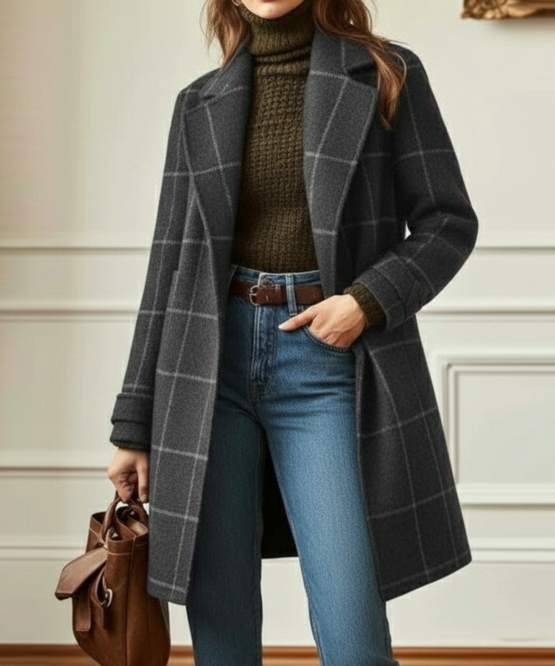 Damen Klassischer Karierter Mantel
