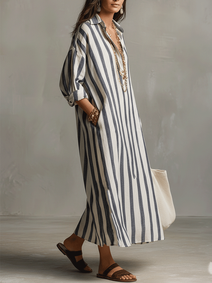 Damen Gestreift Boho Hemdblusenstil Maxikleid