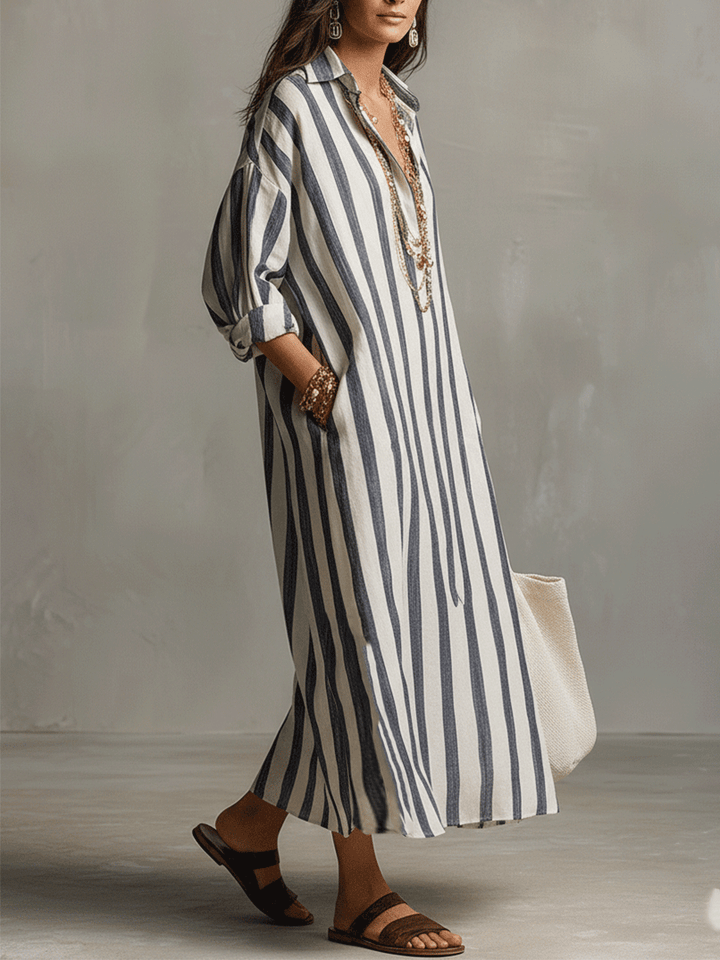 Damen Gestreift Boho Hemdblusenstil Maxikleid