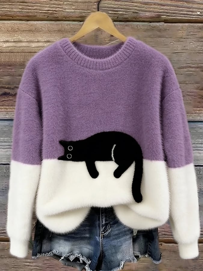 Damen Oversize-Strickpullover mit Katzenmotiv