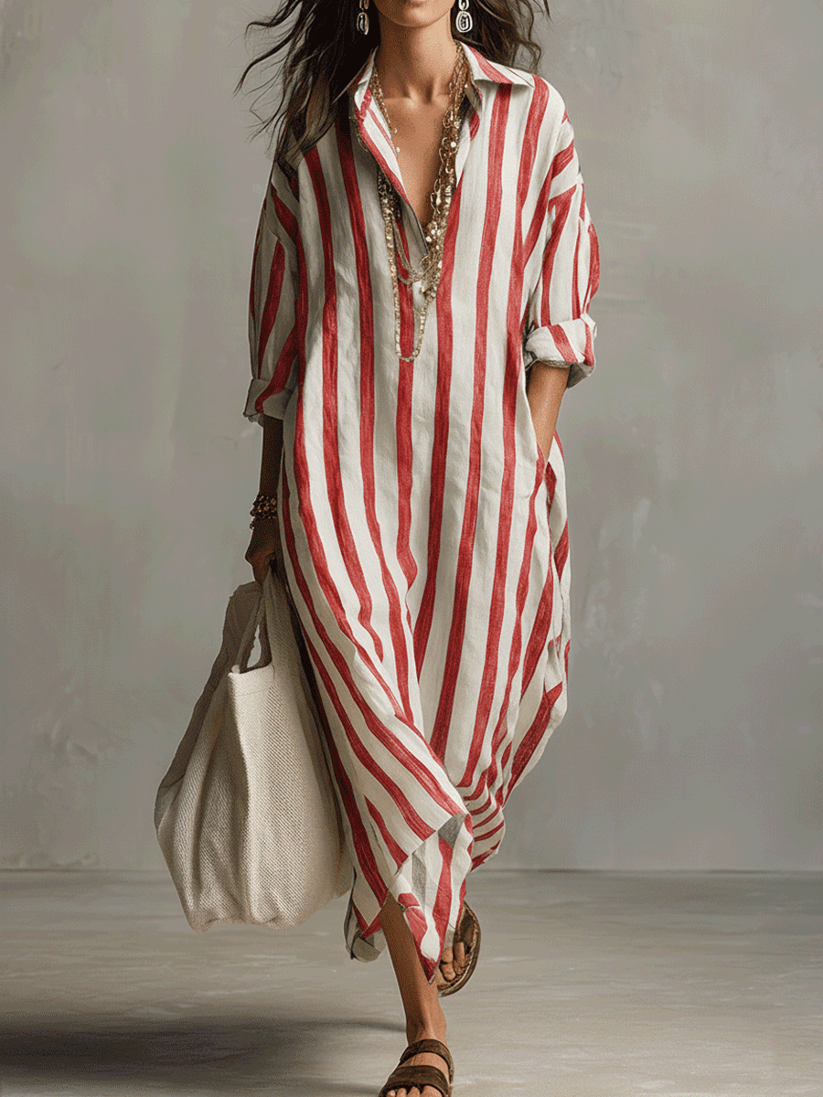 Damen Gestreift Boho Hemdblusenstil Maxikleid