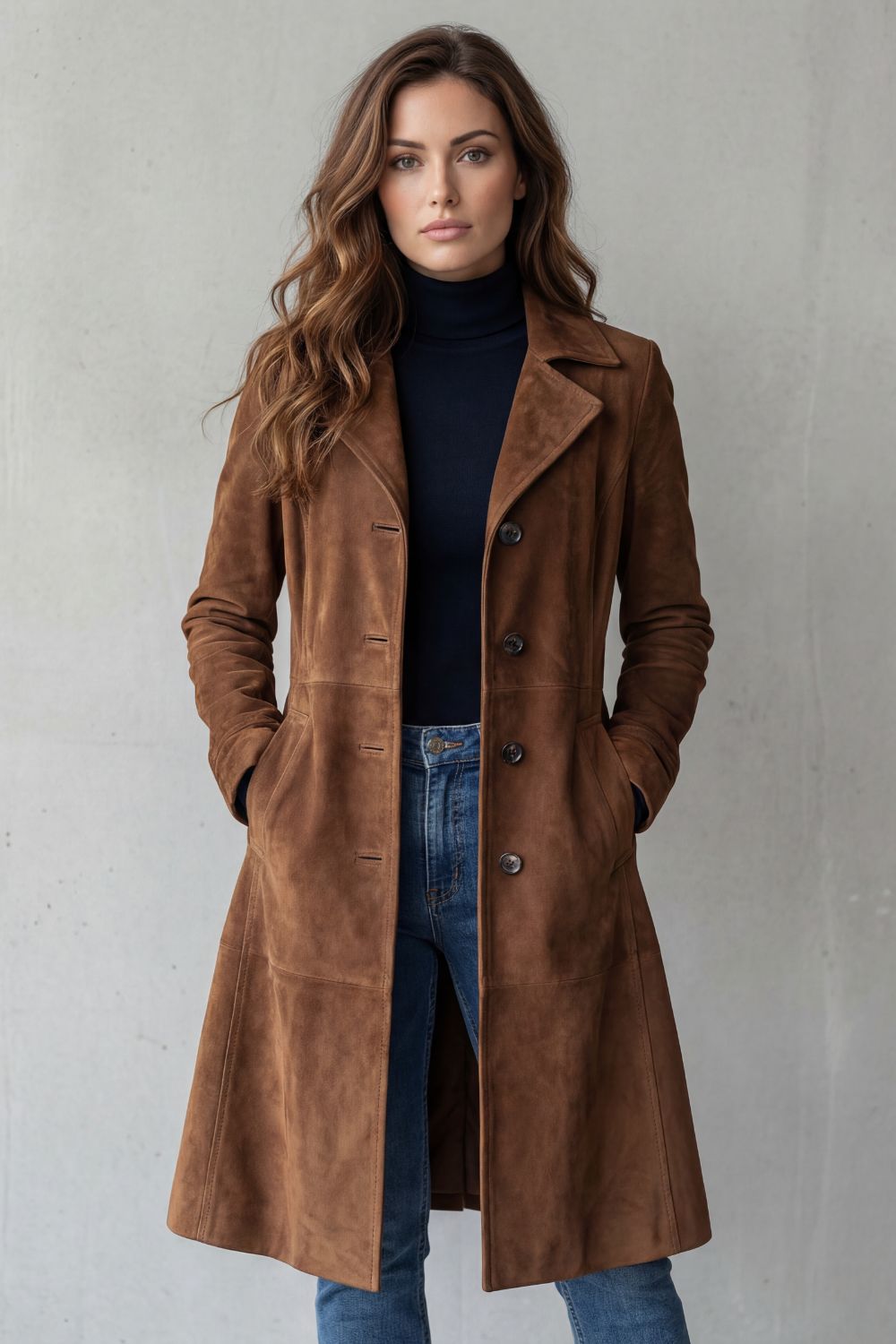 Damen Eleganter Langer Mantel in Wildlederoptik