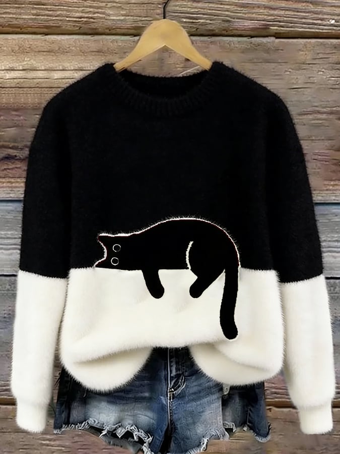 Damen Oversize-Strickpullover mit Katzenmotiv