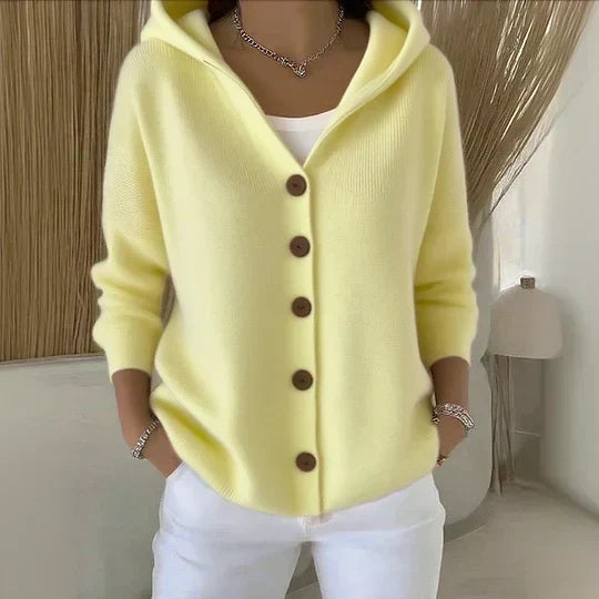 Damen Kapuzen-Strickjacke Mit Knopfleiste