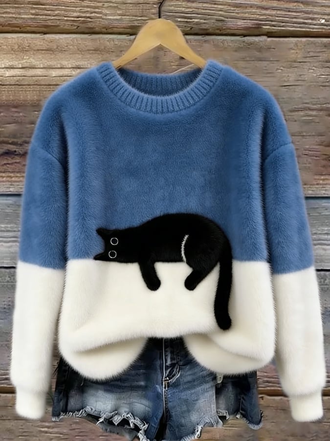 Damen Oversize-Strickpullover mit Katzenmotiv