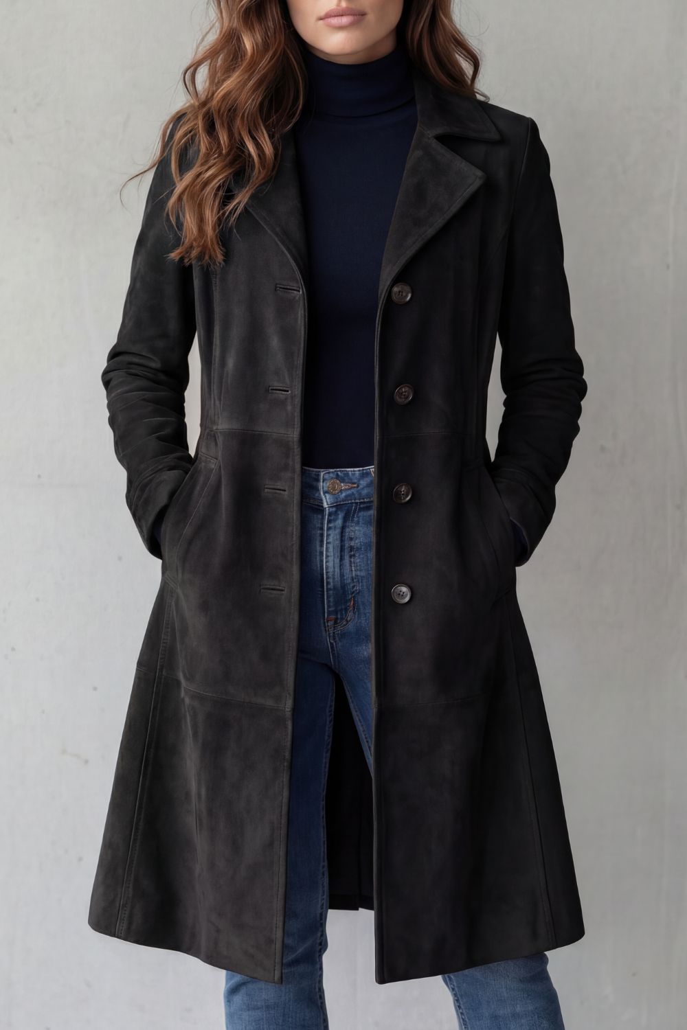 Damen Eleganter Langer Mantel in Wildlederoptik