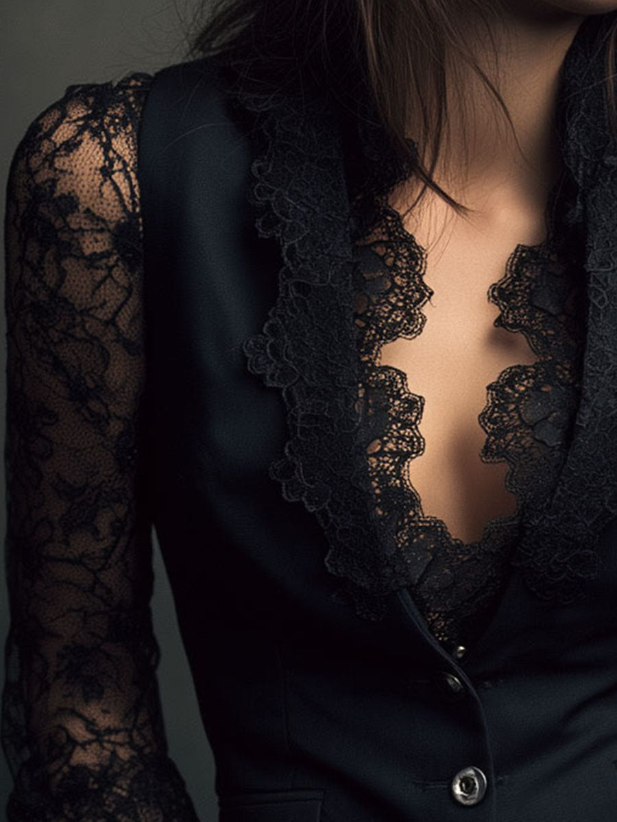 Damen Elegante Blazerweste mit Spitzenärmeln