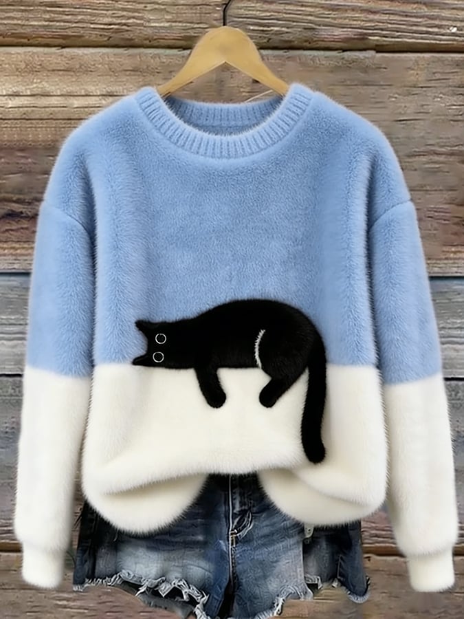 Damen Oversize-Strickpullover mit Katzenmotiv
