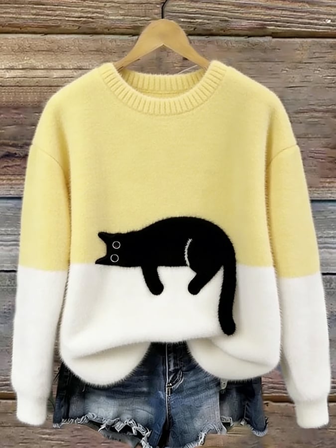 Damen Oversize-Strickpullover mit Katzenmotiv