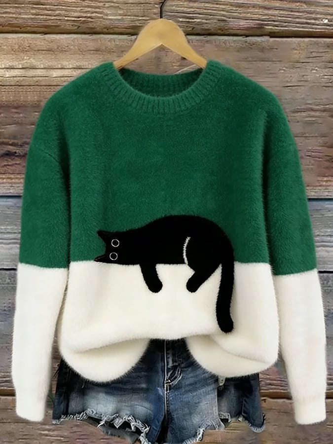Damen Oversize-Strickpullover mit Katzenmotiv