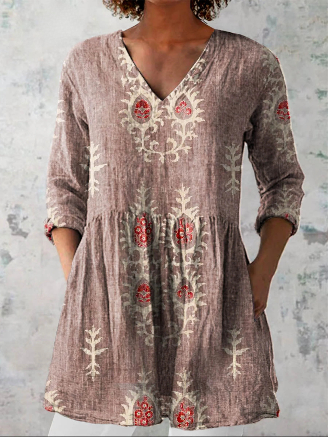 Damen Lange Bluse Mit V-Ausschnitt