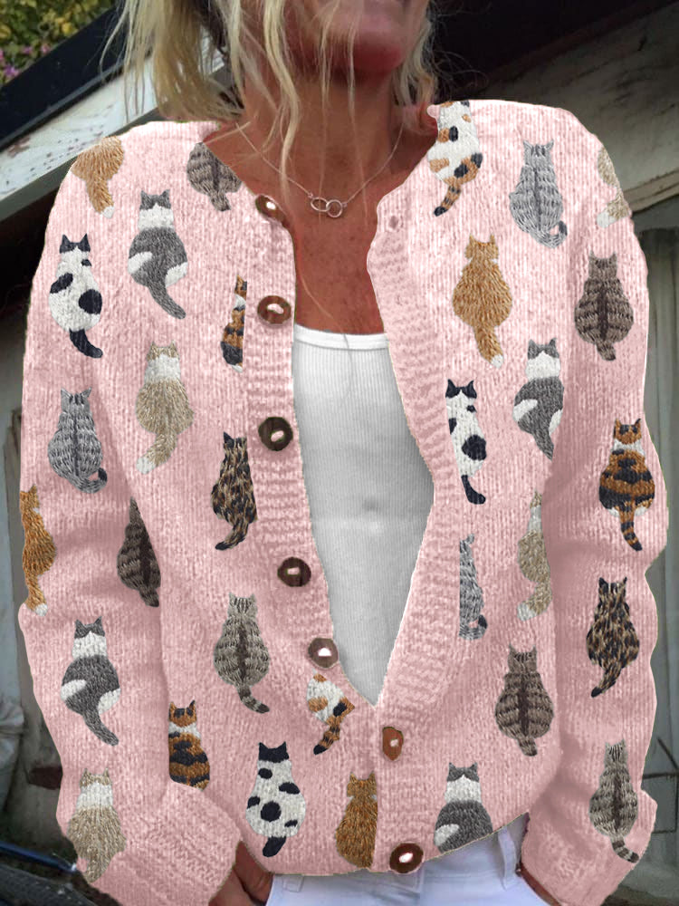 Damen Gemütlicher Katzenprint Cardigan