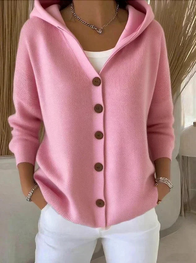 Damen Kapuzen-Strickjacke Mit Knopfleiste