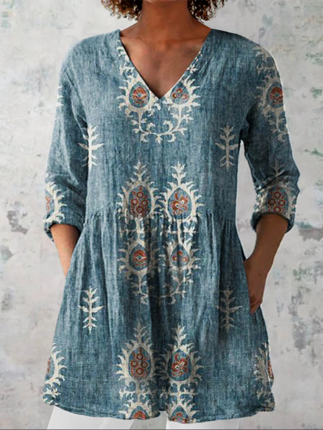 Damen Lange Bluse Mit V-Ausschnitt