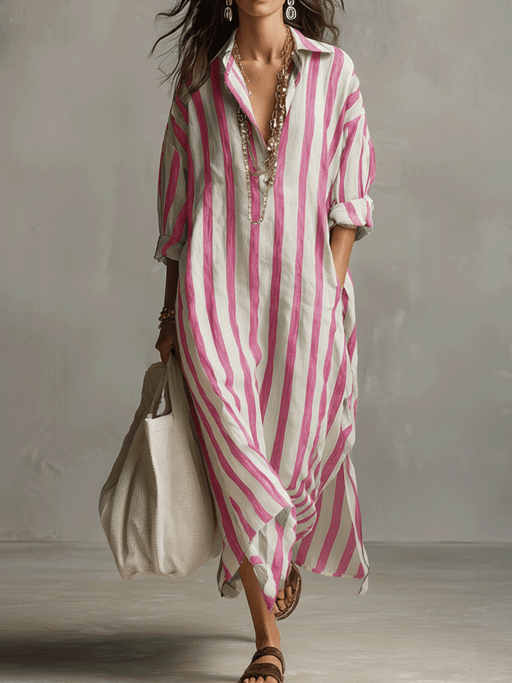 Damen Gestreift Boho Hemdblusenstil Maxikleid