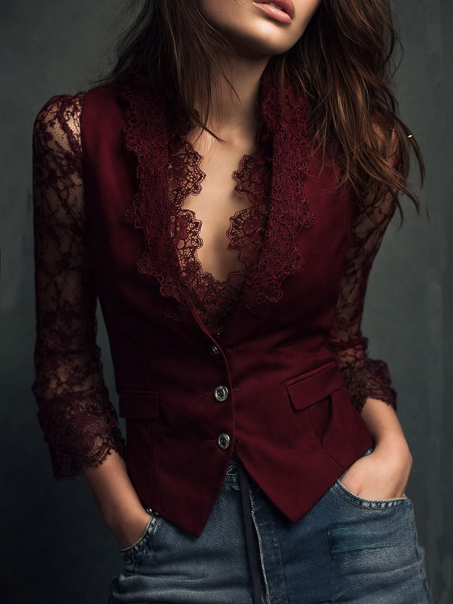 Damen Elegante Blazerweste mit Spitzenärmeln