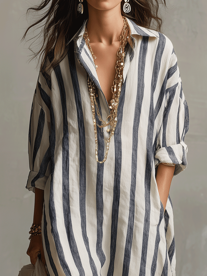 Damen Gestreift Boho Hemdblusenstil Maxikleid