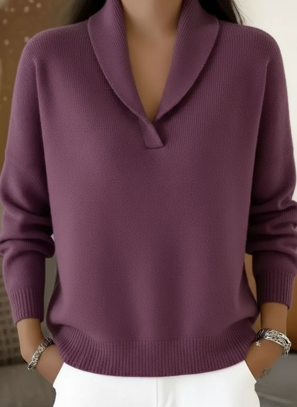 Damen Eleganter Pullover mit Drapiertem V-Ausschnitt