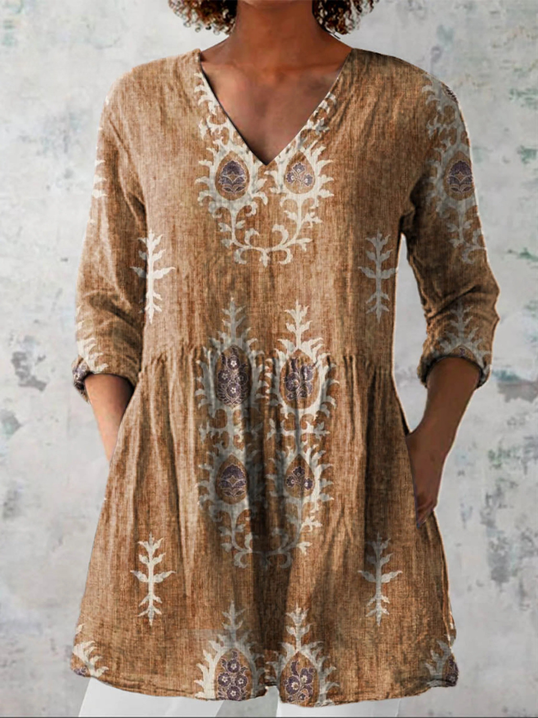 Damen Lange Bluse Mit V-Ausschnitt