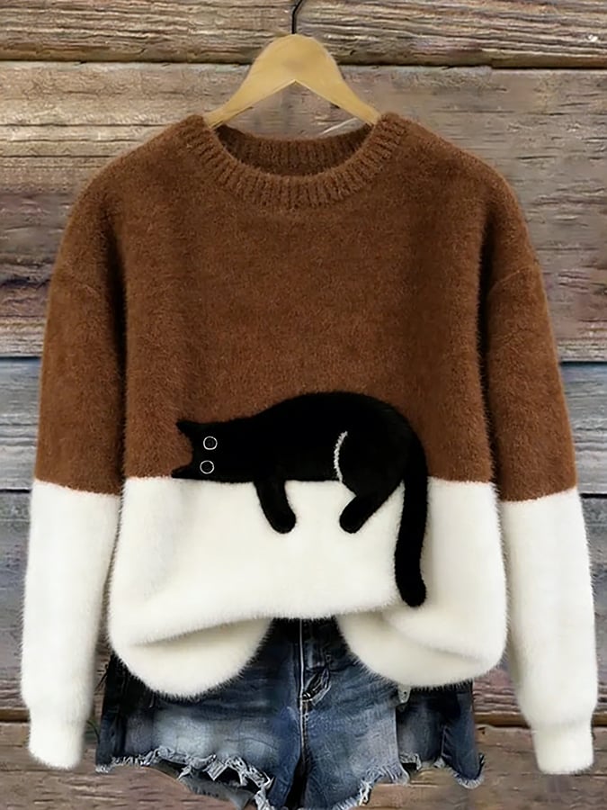 Damen Oversize-Strickpullover mit Katzenmotiv