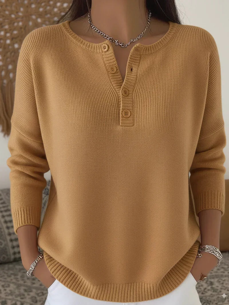 Damen Henley Mit Knopfleiste Strickpullover