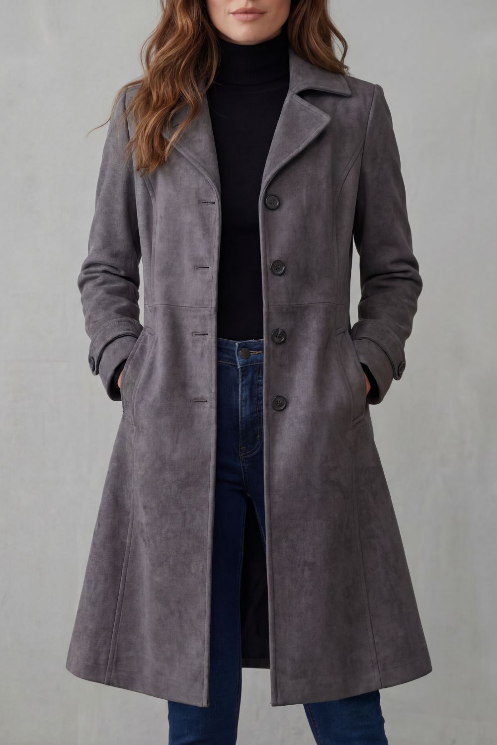 Damen Eleganter Langer Mantel in Wildlederoptik