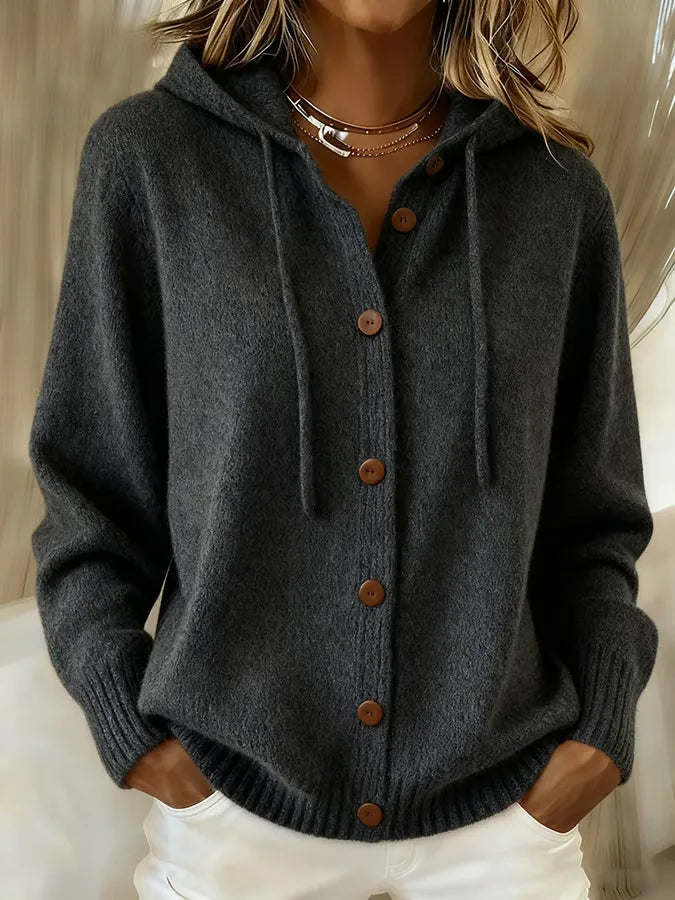 Damen Kuschelige Geknöpfte Kapuzen-Strickjacke