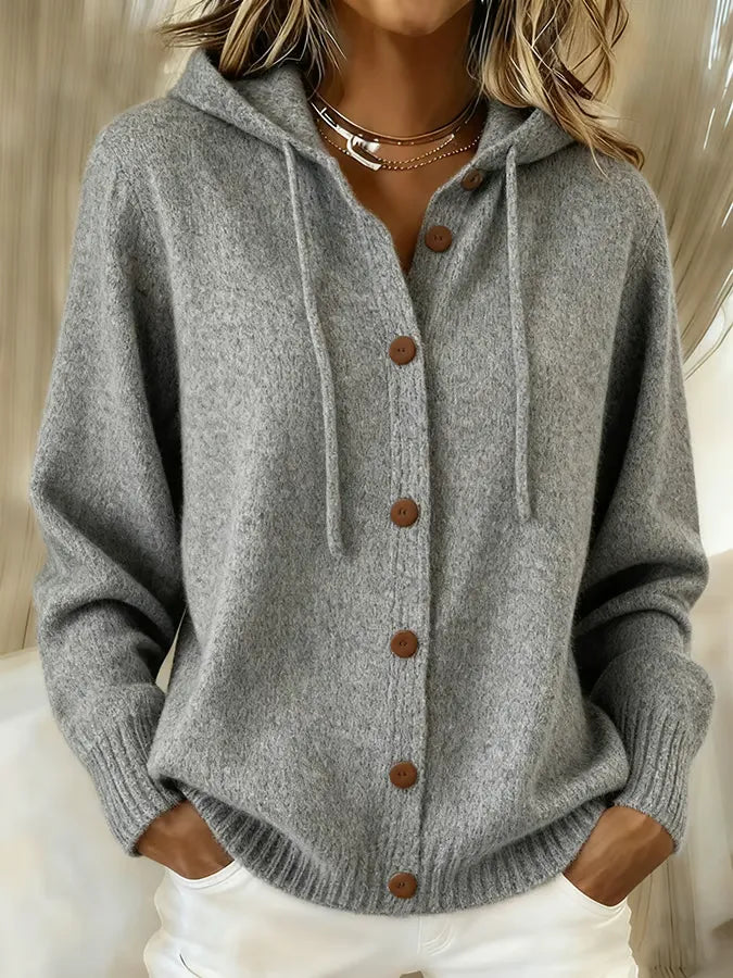 Damen Kuschelige Geknöpfte Kapuzen-Strickjacke