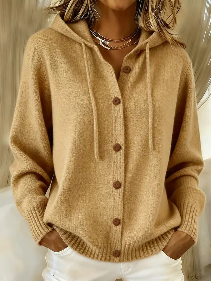 Damen Kuschelige Geknöpfte Kapuzen-Strickjacke