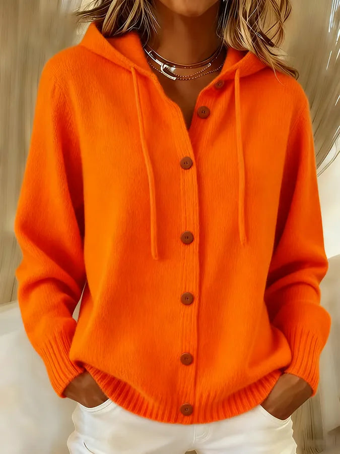 Damen Kuschelige Geknöpfte Kapuzen-Strickjacke