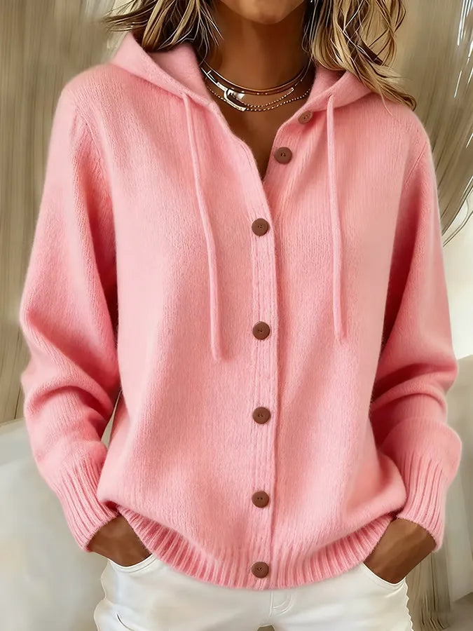 Damen Kuschelige Geknöpfte Kapuzen-Strickjacke