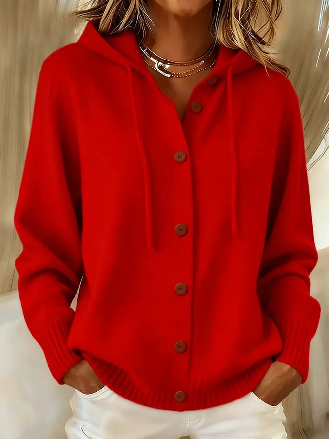 Damen Kuschelige Geknöpfte Kapuzen-Strickjacke
