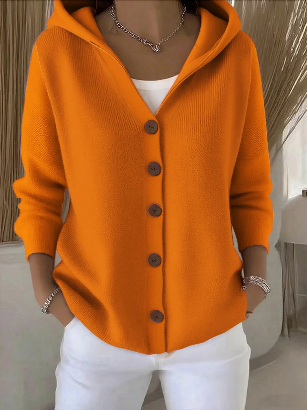 Damen Kapuzen-Strickjacke Mit Knopfleiste