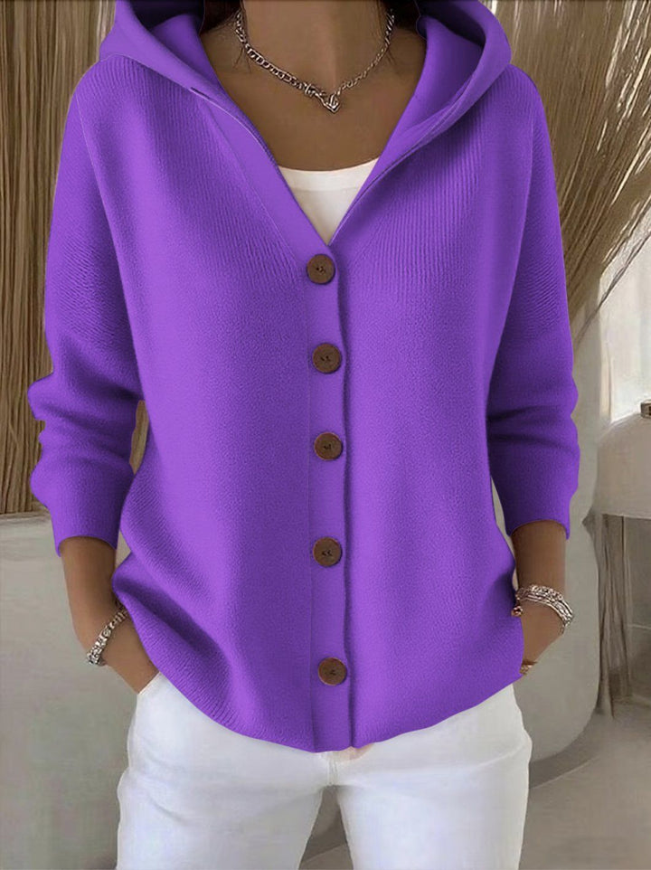 Damen Kapuzen-Strickjacke Mit Knopfleiste