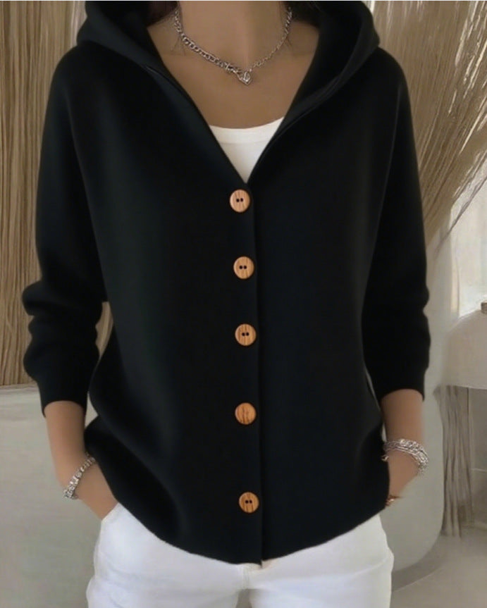 Damen Kapuzen-Strickjacke Mit Knopfleiste