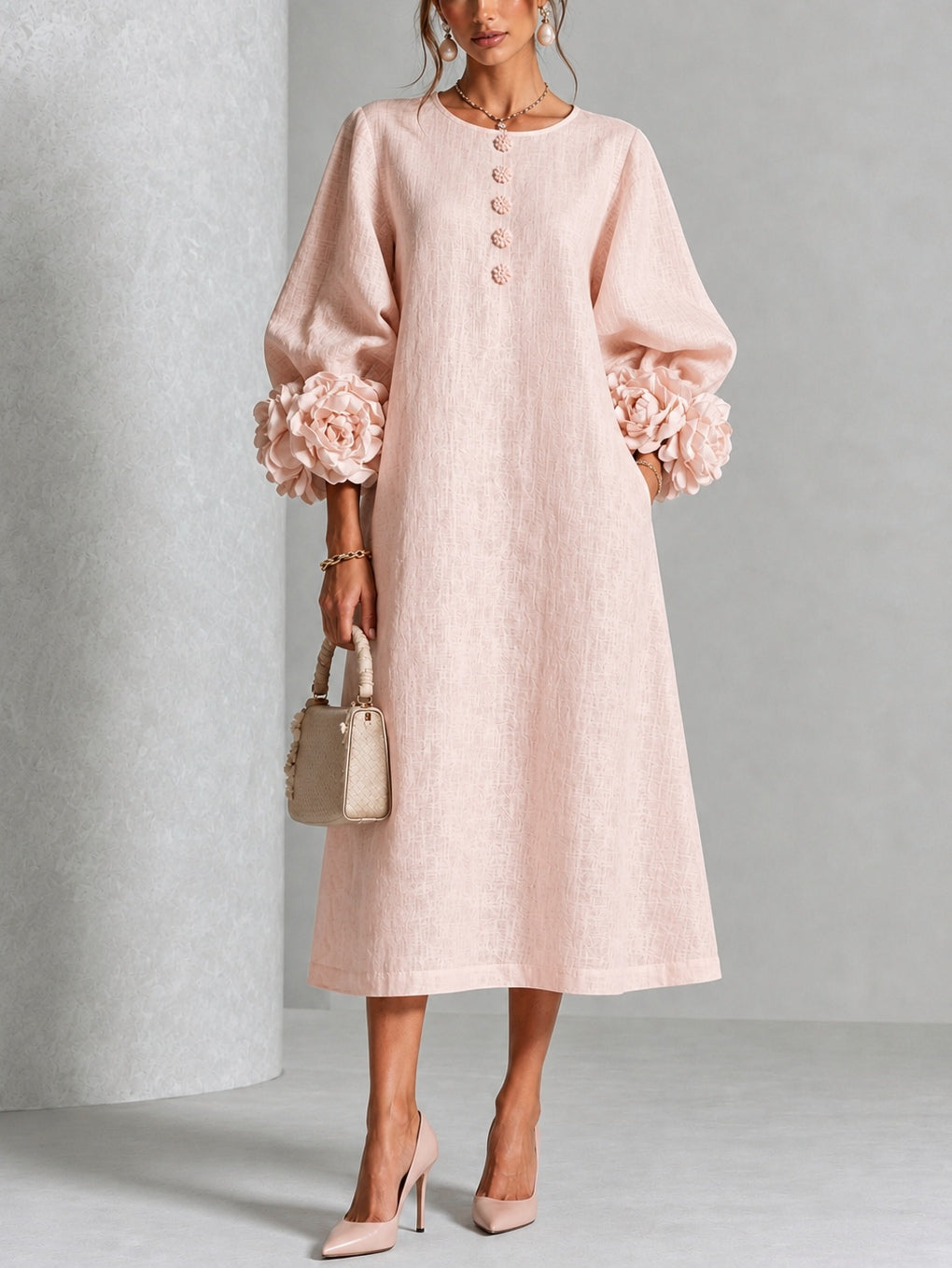 Midi Kleid Mit Knopfleiste Und Rosettenmanschetten