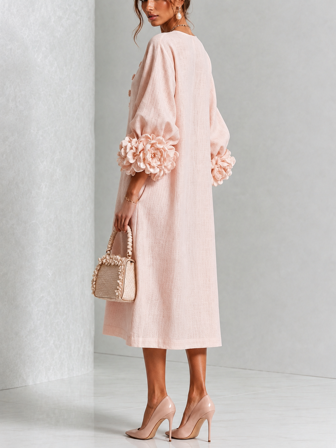 Midi Kleid Mit Knopfleiste Und Rosettenmanschetten