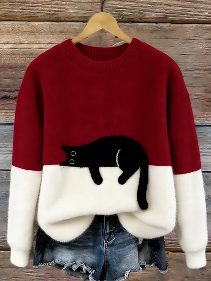 Damen Oversize-Strickpullover mit Katzenmotiv