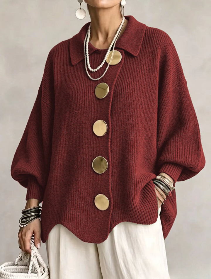 Oversize Strickjacke Mit Kragen Und Grossen Metallknöpfen