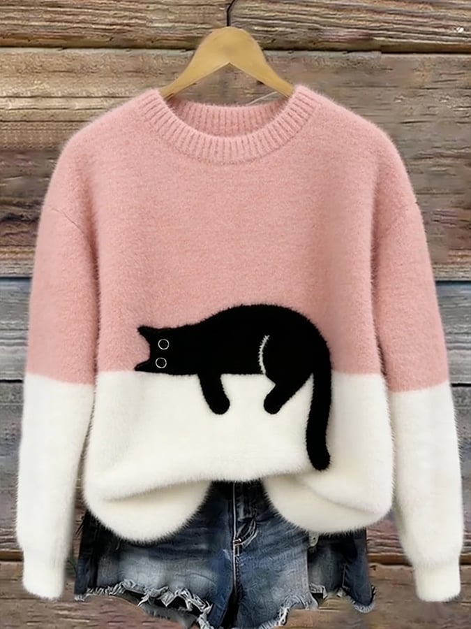 Damen Oversize-Strickpullover mit Katzenmotiv