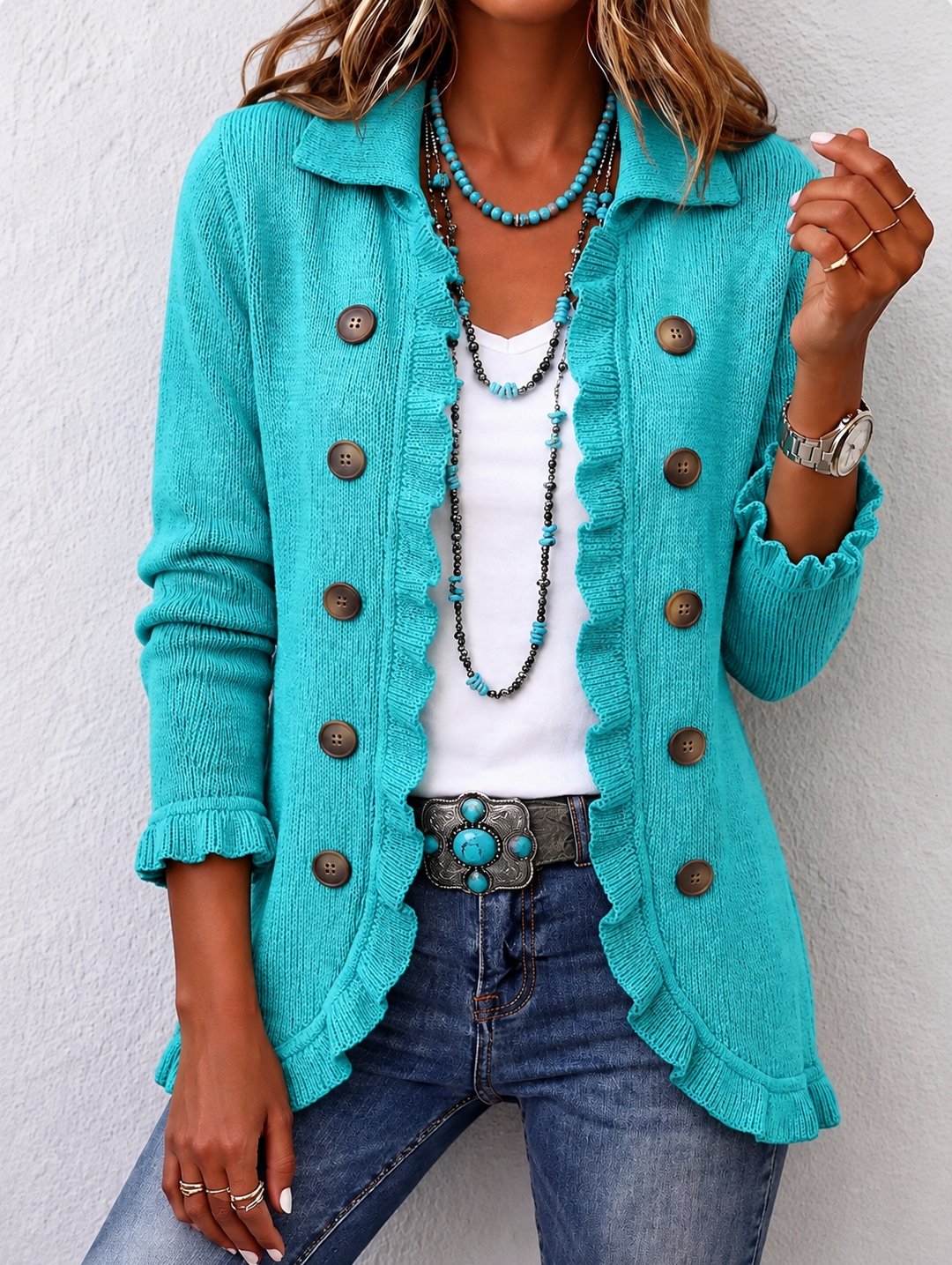 Türkise Strickjacke mit Volants – Produktbild