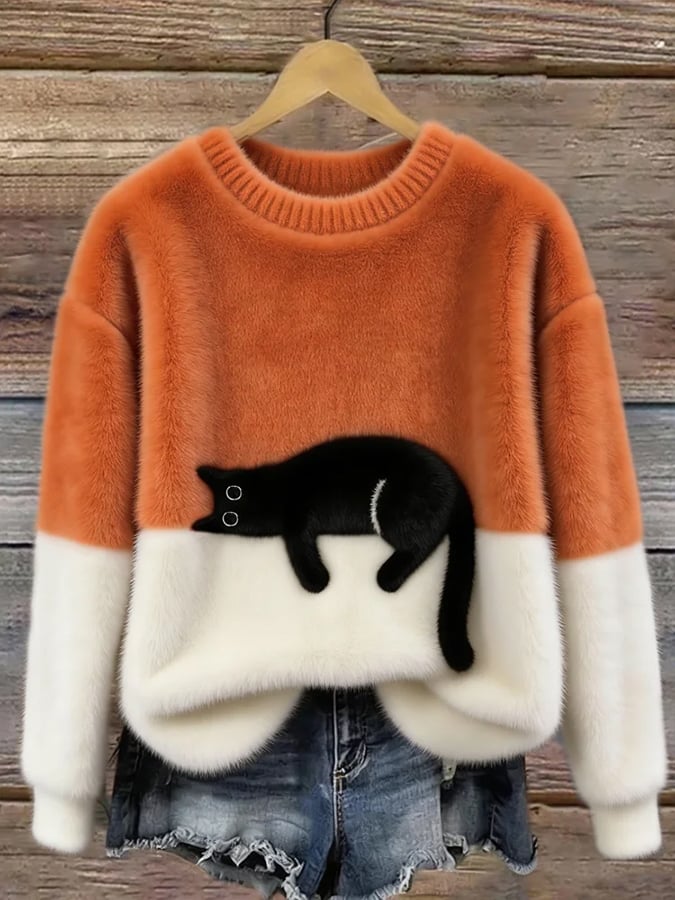 Damen Oversize-Strickpullover mit Katzenmotiv