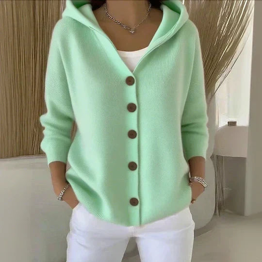 Damen Kapuzen-Strickjacke Mit Knopfleiste