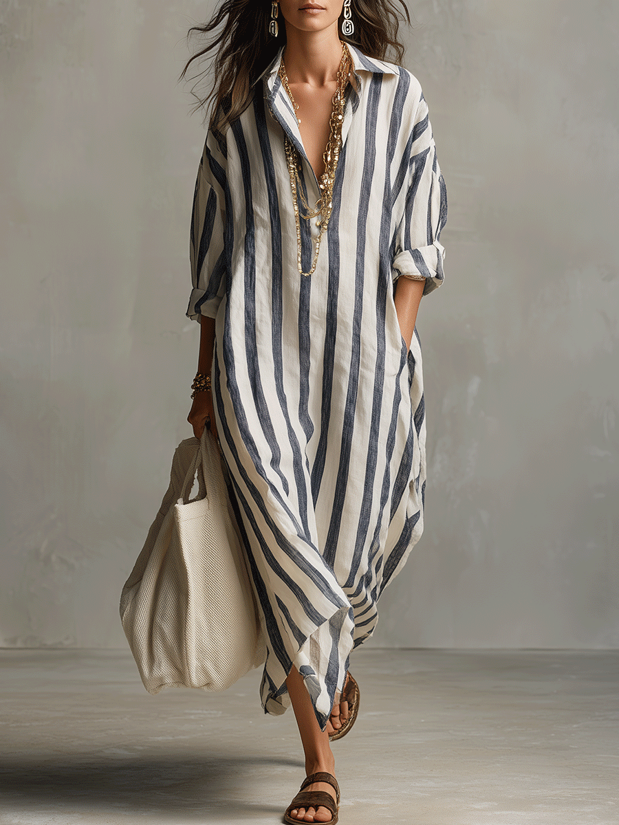 Damen Gestreift Boho Hemdblusenstil Maxikleid
