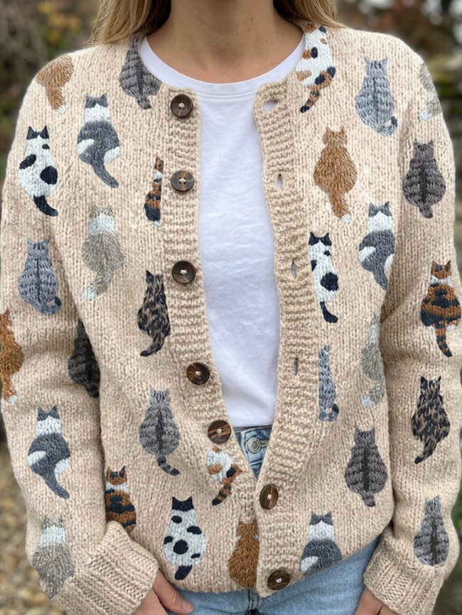 Damen Gemütlicher Katzenprint Cardigan