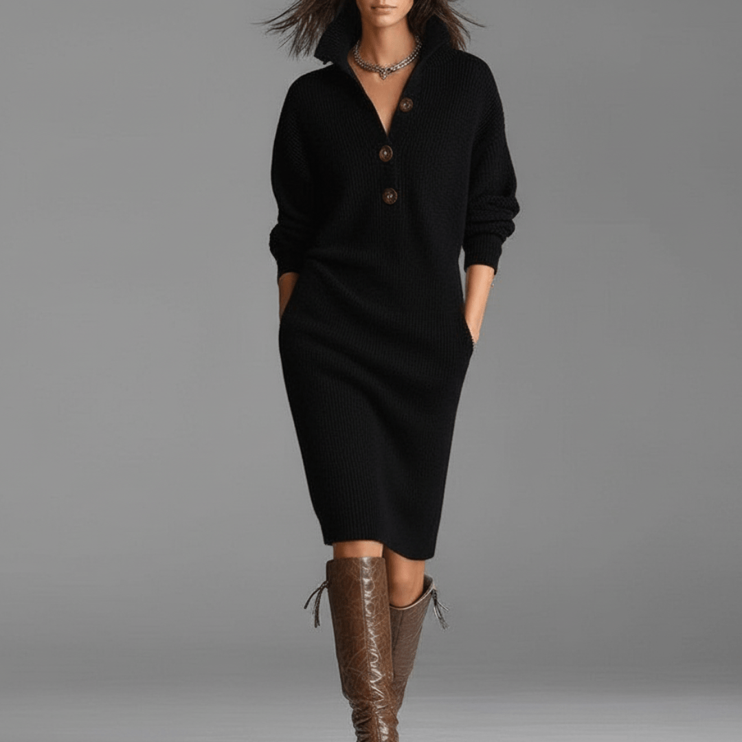 Damen Elegantes Winterkleid Mit Knöpfen