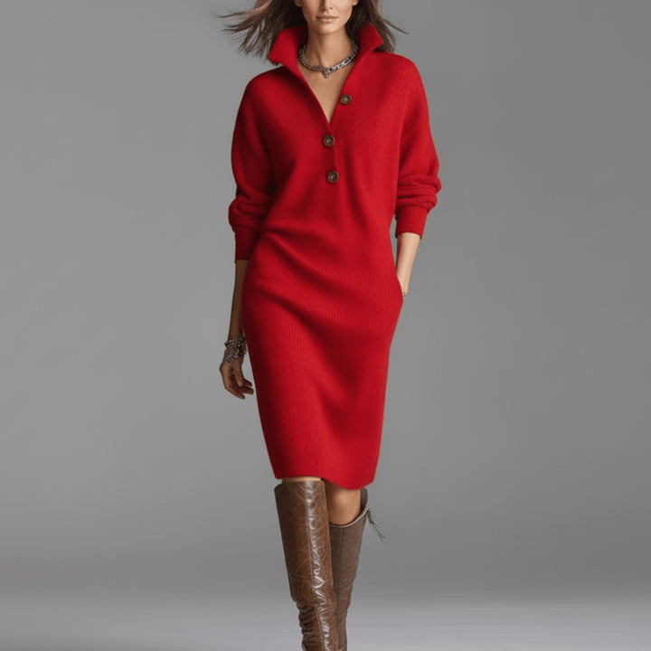 Damen Elegantes Winterkleid Mit Knöpfen