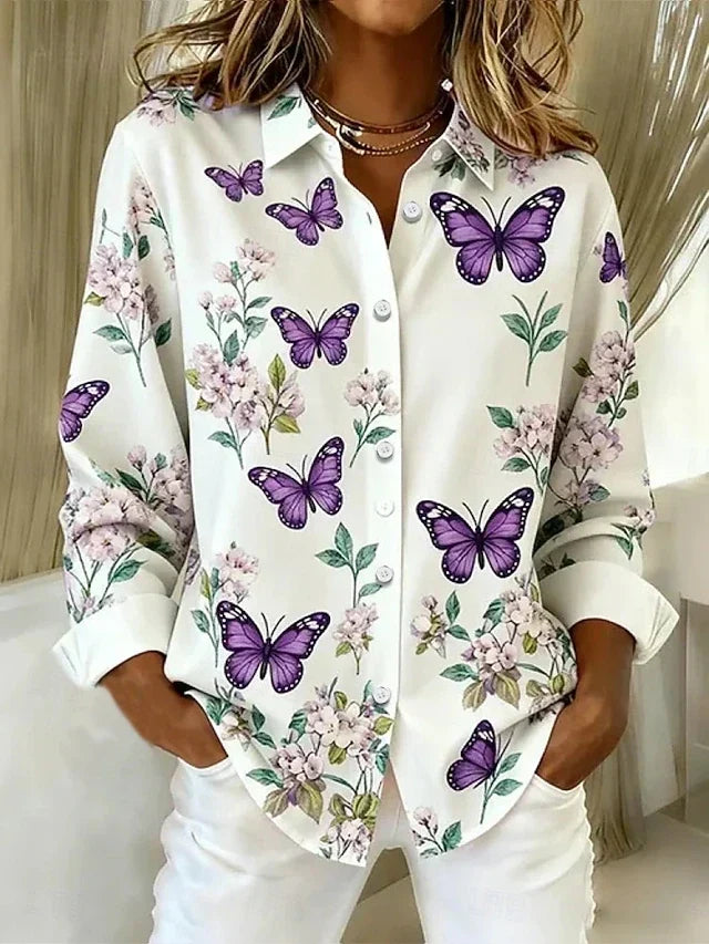 Damen Bluse mit Schmetterlings- und Blumenmuster